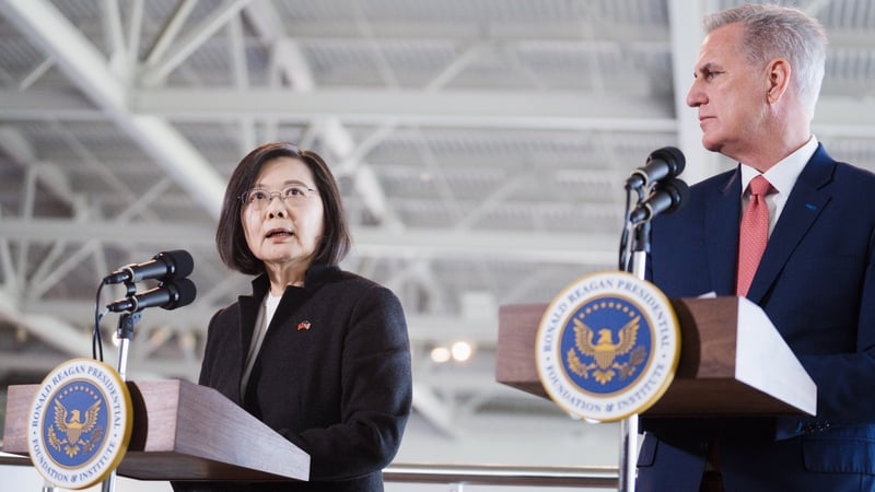 Taiwan's president Tsai Ing-wen speaks during an event with US House Speaker Kevin McCarthy in California