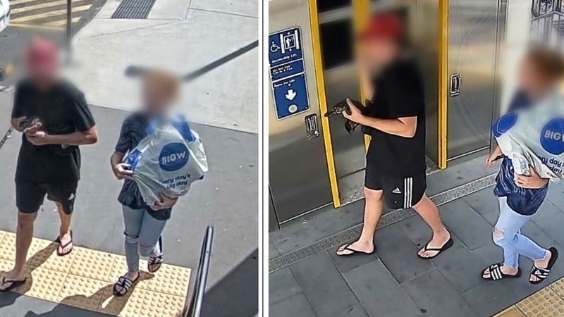 CCTV images show a man in flip-flops strolling along a train platform north of Brisbane while cradling the platypus (Image: Queensland Police)