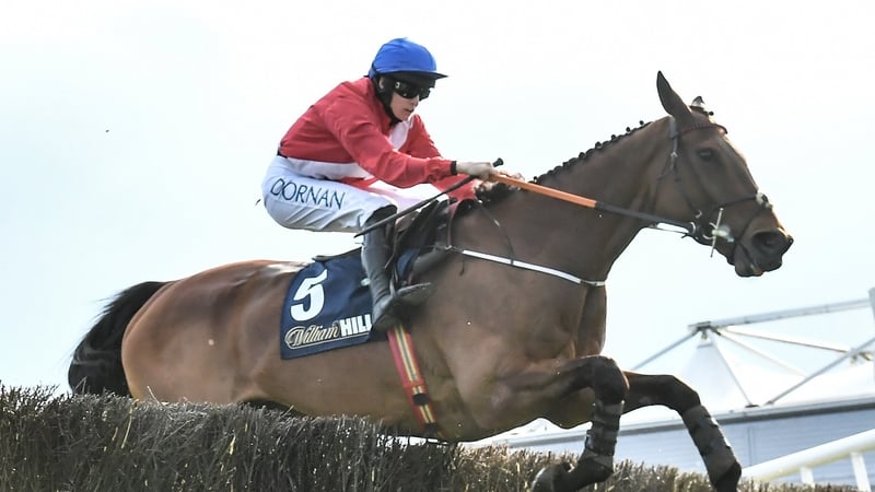 Envoi Allen, with Rachael Blackmore up, jumps the last during the Punchestown Festival Champion Chase Day last April