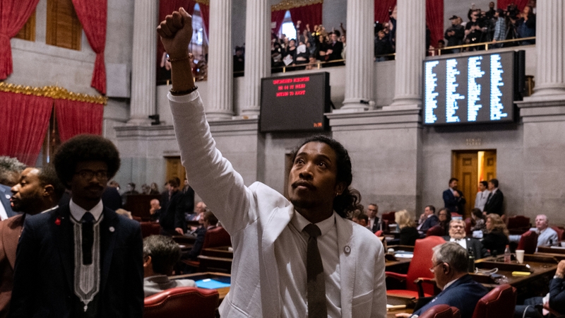 Democratic state Representative Justin Jones of Nashville gestures during a vote on his expulsion from the state legislature