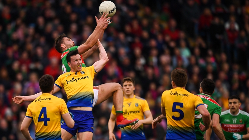 Aidan O'Shea of Mayo in action against Tadhg O'Rourke during the 2019 championship clash of Mayo and Roscommon