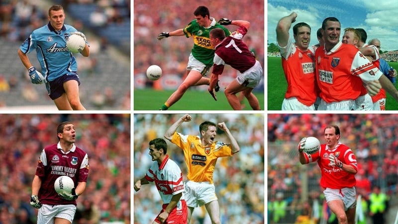 Clockwise L-R: Ciarán Whelan (Dublin), Aodán MacGearailt (Kerry), Armagh's Kieran McGeeney and Steven McDonnell enjoy Ulster success, Ronan McCarthy (Cork), Antrim's Kevin Brady celebrates a goal against Derry and Galway's Kevin Walsh
