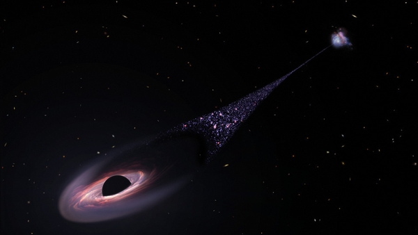 An artist's impression of the runaway supermassive black hole. Credit: NASA, ESA, Leah Hustak (STScI)