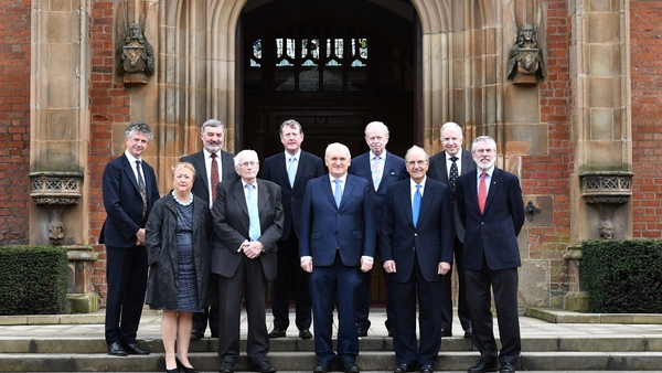 (L-R) Jonathan Powell, Monica McWilliams, John Alderdice, Seamus Mallon, David Trimble, Bertie Ahern, Reg Empey, George Mitchell, Paul Murphy and Gerry Adams on the 20th anniversary of the signing of the Good Friday Agreement