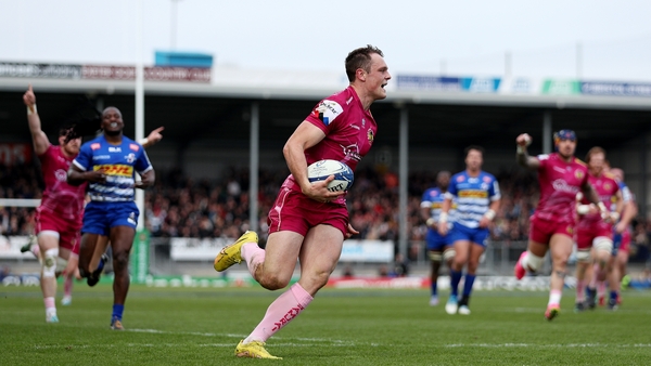 Tom Wyatt runs in Exeter's first try in their demolition of the Stormers in the Champions Cup quarter-final in Sandy Park