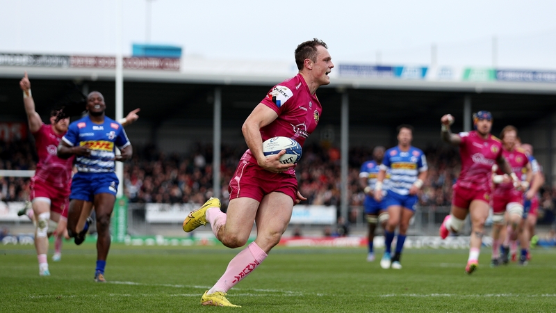 Tom Wyatt runs in Exeter's first try in their demolition of the Stormers in the Champions Cup quarter-final in Sandy Park