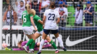 Emily Fox's drilled shot flies past Republic of Ireland goalkeeper Courtney Brosnan