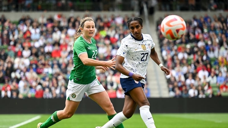 Naomi Girma in action against Kyra Carusa when USA played Ireland in April 2023