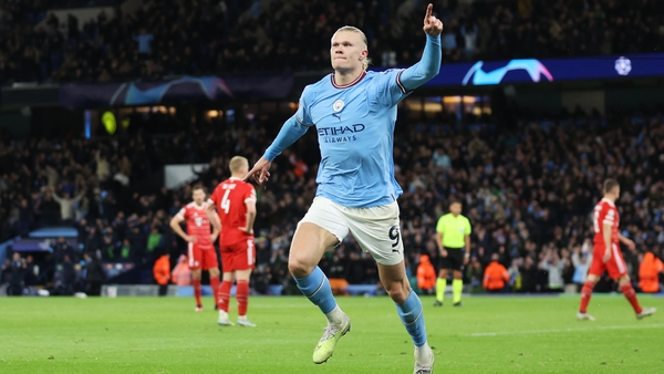Erling Haaland celebrates his 45th goal of the season and his 11th in this year's Champions League