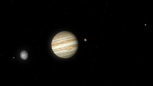 Artwork of Jupiter and its largest four (Galilean) moons. From left to right: Io, Callisto, Jupiter (with the shadow of Io cast upon it), Ganymede and Europa.