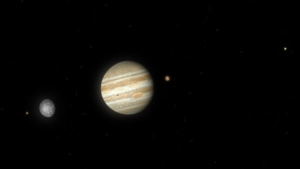 Artwork of Jupiter and its largest four (Galilean) moons. From left to right: Io, Callisto, Jupiter (with the shadow of Io cast upon it), Ganymede and Europa.