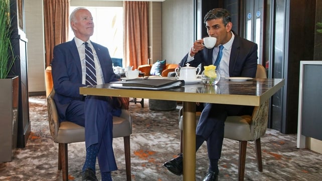 Joe Biden and British Prime Minister Rishi Sunak at their morning meeting in Belfast