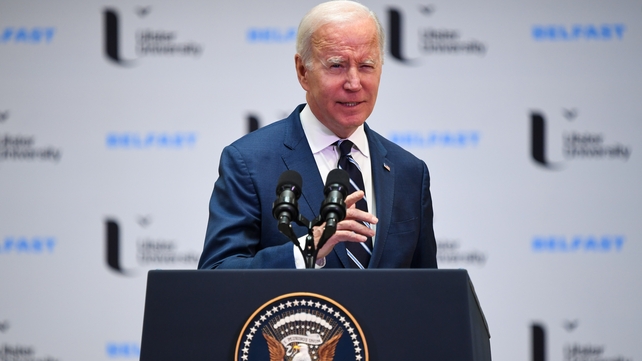 Joe Biden delivers his speech at Ulster University in Belfast saying 'enemies of peace will not prevail'