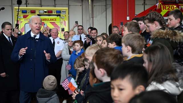 President Biden meeting US embassy staff and their children at Dublin Airport Fire Station