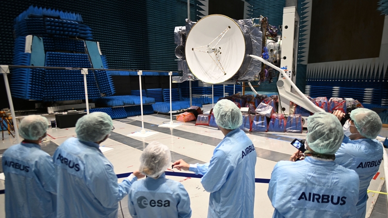 JUICE, pictured in a clean room at the European Space Agency's headquarters in Toulouse, southwestern France, last April