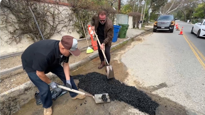 The Terminator star and former California governor, 75, posted a video on social media of himself and his team repairing a "giant hole" - but there's a twist Screengrab: Arnold Schwarzenegger/Twitter