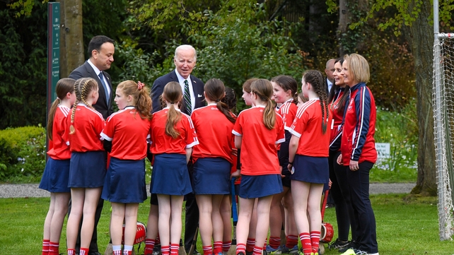 'Take your points and the goals will come' - President Biden and Leo Varadkar talk to camogie players from St Brigid's GAA club at Farmleigh