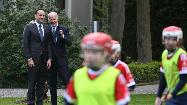 'We might move her in Corner Forward' - Joe Biden and Taoiseach Leo Varadkar watch on as a Camogie demonstration is held at Farmleigh