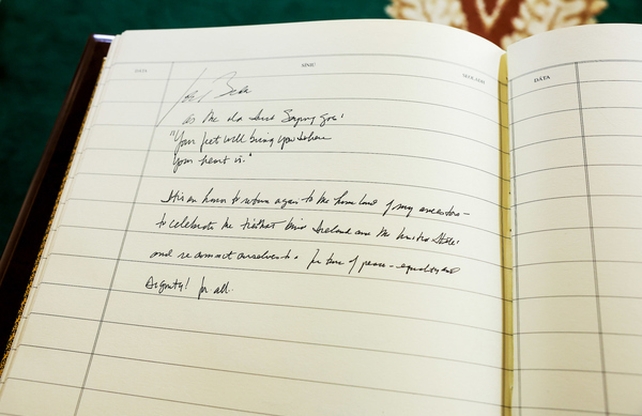 US President Joe Biden's message in the guestbook at Áras an Uachtaráin