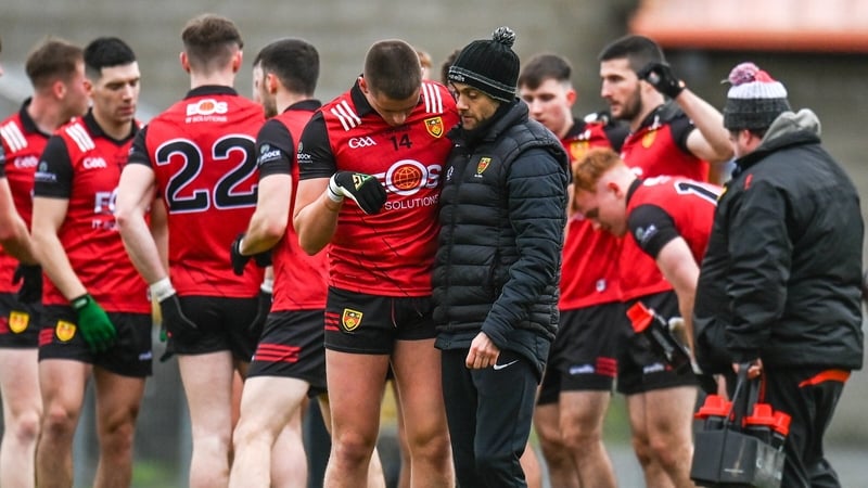 Down manager Conor Laverty speaks with Pat Havern before a McKenna Cup game earlier this year