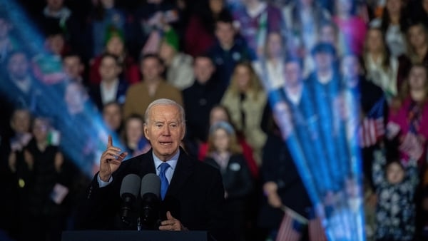 US President Joe Biden speaking outside St Muredach's Cathedral in Ballina, Co Mayo, last night