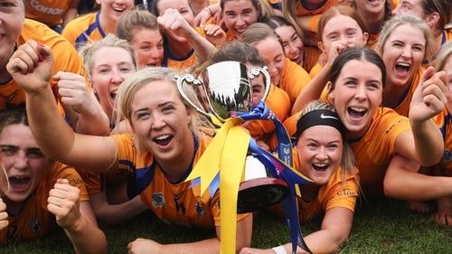 Clare celebrate winning the Very Camogie League Division 3B final
