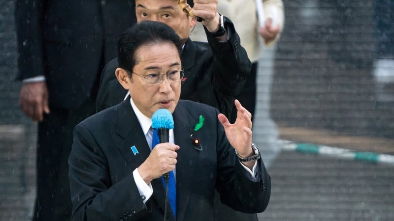 Japan's Prime Minister Fumio Kishida making a speech during an election rally earlier today
