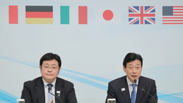Japan's Minister of the Environment Akihiro Nishimura, left, and Japan's Minister of Economy, Trade and Industry Yasutoshi Nishimura attend the G7 Ministers' Meeting on Climate, Energy and Environment in Sapporo, Hokkaido