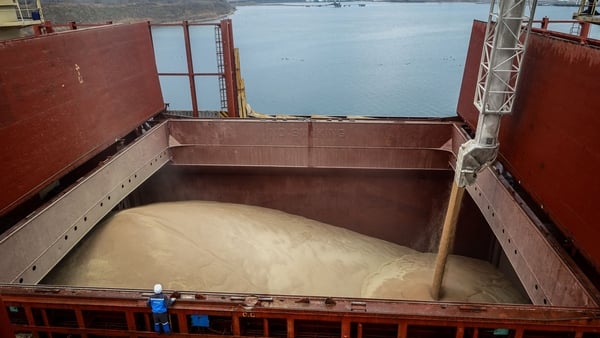 The hold of the MV Valsamitis is loaded to deliver tonnes of Ukrainian wheat at the port of Chornomorsk, east of Odessa on the Black Sea coast earlier this year