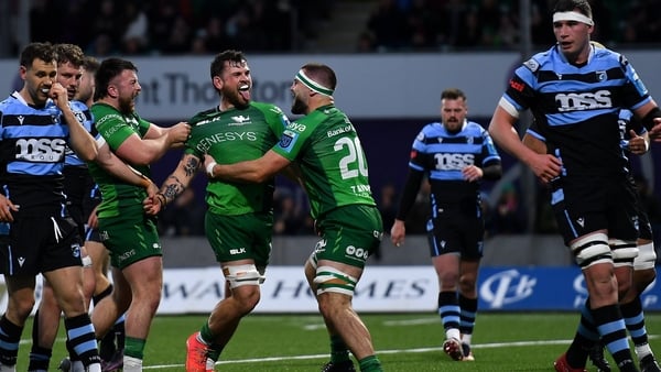 Conor Oliver celebrates his try against Cardiff