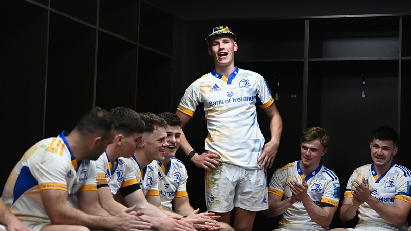 Sam Prendergast sings in the Leinster dressing room following a dream debut