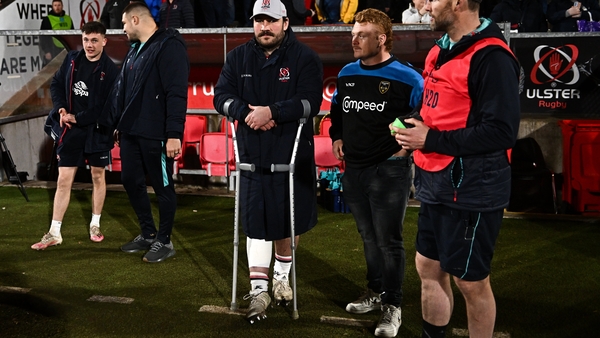Tom O'Toole pictured on crutches during Ulster's win over Dragons