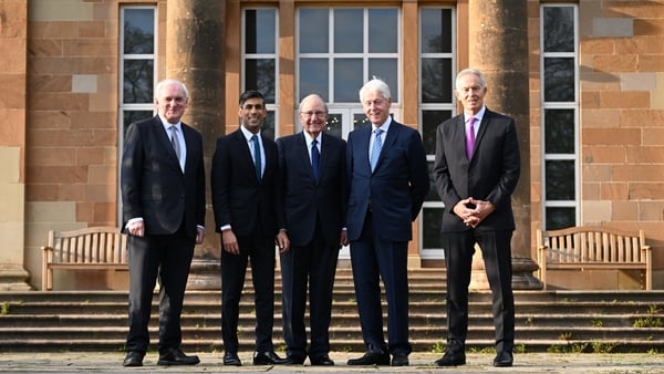 From left, former taoiseach Bertie Ahern, British Prime Minister Rishi Sunak, former US Senator George Mitchell, former US president Bill Clinton and former prime minister Tony Blair outside Hillsborough Castle, Co Down