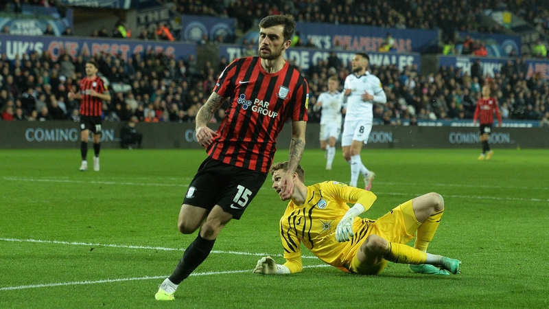 Troy Parrott wheels away after scoring Preston's second goal of the night