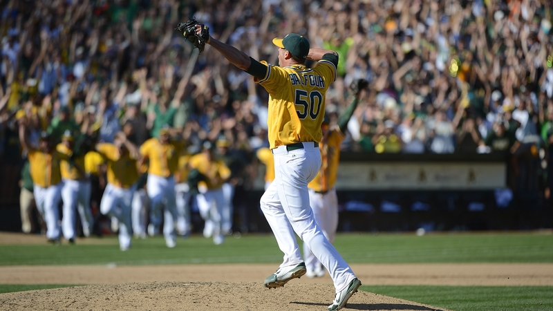 Grant Balfour celebrating as the A's win the 2012 American League West title