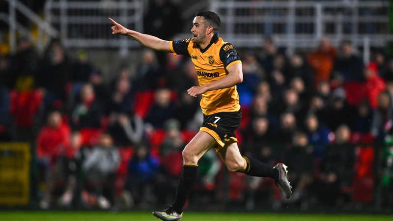 Michael Duffy celebrates scoring Derry's second goal at Turner's Cross