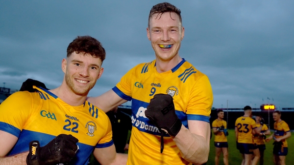 Ronan Lanigan and Darren O'Neill celebrate at the full-time whistle