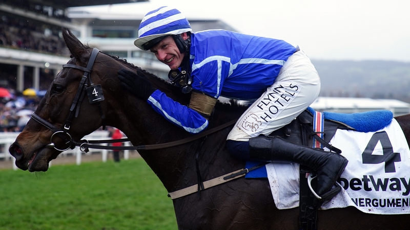 Paul Townend celebrates on Energumene after winning the Queen Mother Champion Chase at Cheltenham last month