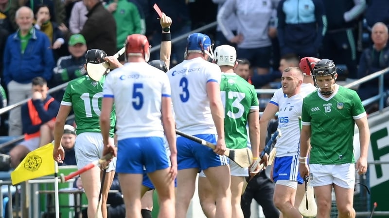 Limerick's Gearoid Hegarty (10) is shown a red card by referee Liam Gordon