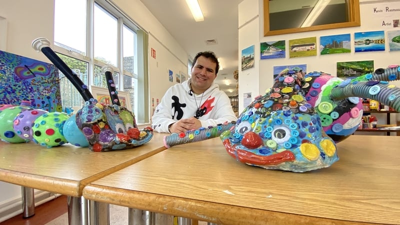 Florian Nolan from Cobh, Co Cork, with his ceramics and paintings