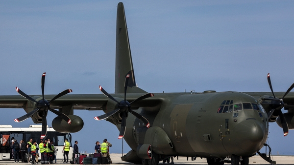 A British Royal Air Force military transport that was carrying evacuees from Sudan on the tarmac in Larnaca, Cyprus