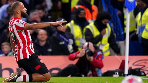 Bryan Mbeumo celebrates his goal at Stamford Bridge
