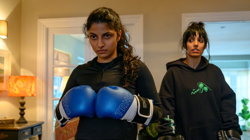 Priya Kansara stars as Ria Khan and Ritu Arya as her sister Lena in director Nida Manzoor's Polite Society, a Focus Features release. Credit: Parisa Taghizade