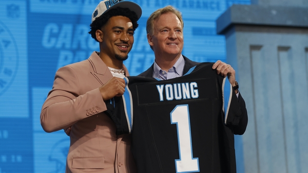 Bryce Young poses with NFL Commissioner Roger Goodell