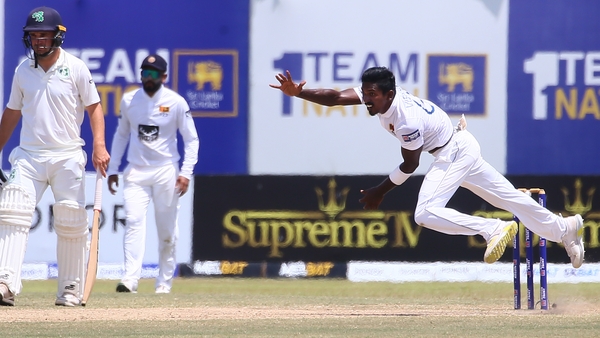 Vishwa Fernando of Sri Lanka bowls during the fifth day of the second Test match against Ireland