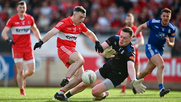 Niall Toner of Derry has a shot saved by Monaghan goalkeeper Rory Beggan