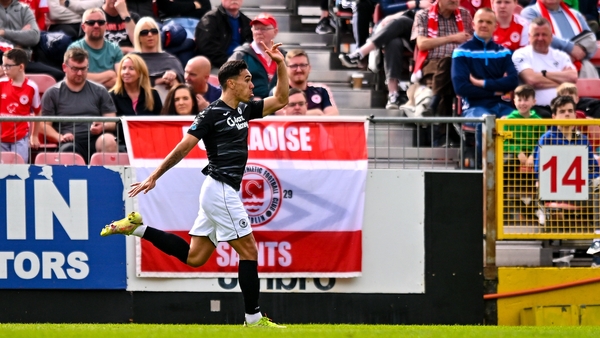 Max Mata celebrates after heading home the only goal at Richmond Park