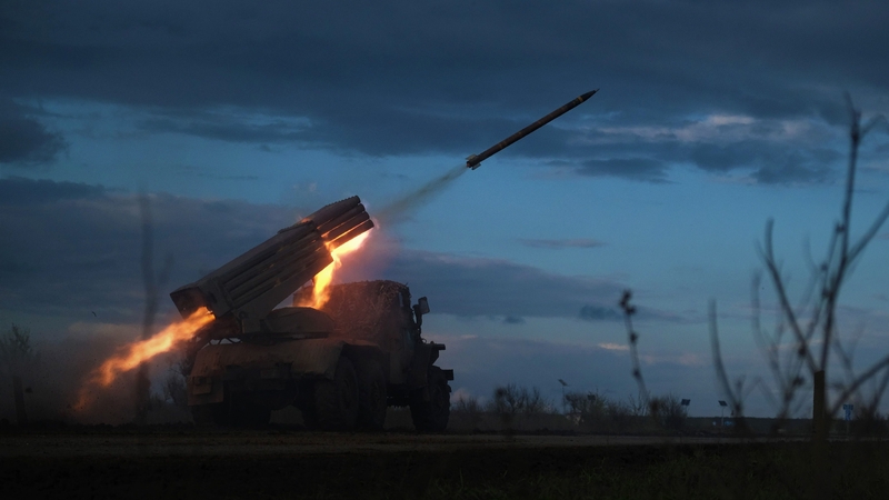 A rocket launcher fires towards Russian positions on the frontline near Bakhmut