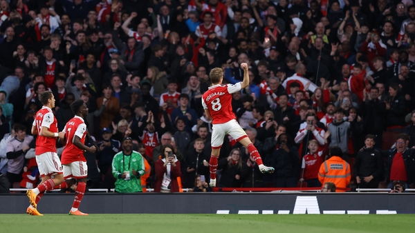 Martin Odegaard celebrates his goal against Chelsea at the Emirates Stadium
