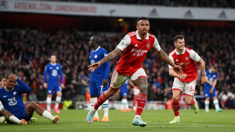 Gabriel Jesus celebrates scoring Arsenal's third goal against Chelsea